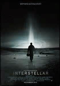Poster for Interstellar: a lone figure walking toward a column of light on a barren plain