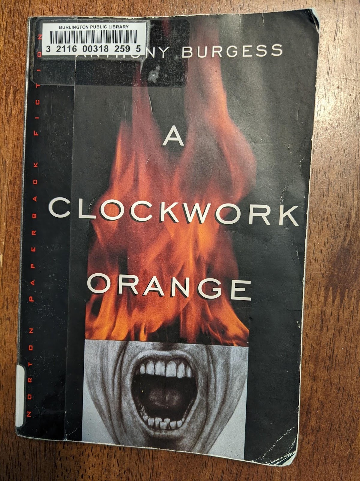 A battered library copy of A Clockwork Orange by Anthony Burgess